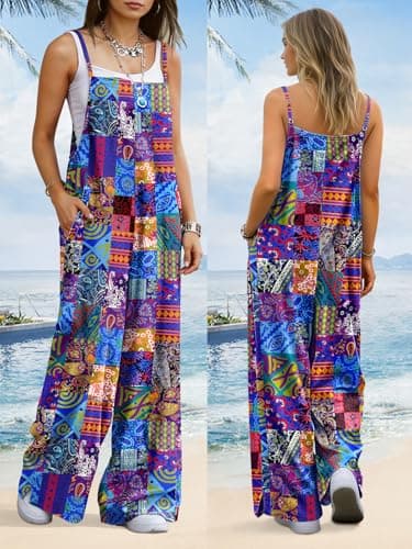 BOHOWE Womens Overalls Plus Size Jumpsuits Loose Casual Wide Leg One Piece Sleeveless Maternity Overalls Adjustable Straps Long Pant Rompers with Pockets S HPZ P002B - Thumbnail 2