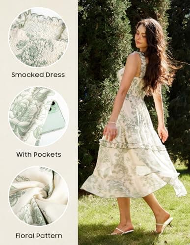 Scarlet Darkness Womens Sundress Cottagecore Spring Summer Boho Floral Dress with Pockets Green S - Thumbnail 4