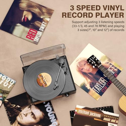 Record Player for Vinyl with 2 Build-in Speakers LP Vinyl Players Belt-Driven Vintage Turntables 3 Speed 3 Size, Wireless Bluetooth Playback, AUX-in, RCA Out, Headphone, Auto Stop Black Wood - Thumbnail 5