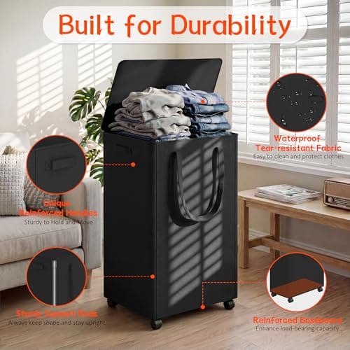 Slim Laundry Hamper with Wheels,25 Gal (95L) Rolling Laundry Basket with lid and wheels Clothes Hamper Foldable Tall Dirty Clothes Basket Sturdy Collapsible Clothes Hamper for Dorm,Laundry Room - Thumbnail 3