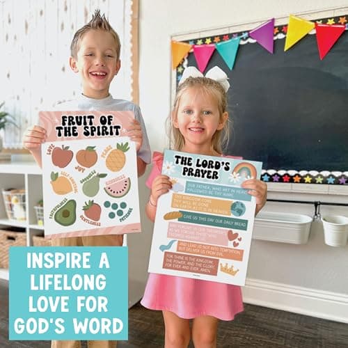 Hadley Designs Sunday School Decorations for Classroom –9 Bible Posters for Kids, Books of the Bible, 10 Commandments, Bible Timeline Chart, Fruits of the Spirit, Retro Christian Classroom Decor - Thumbnail 4
