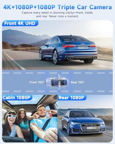 SARMERT 4K 3 Channel Dash Cam, Dash Cam Front and Rear C3, Free 64GB Card, 4K+1080P+1080P Dashcam, G-Sensor, WDR, APP, 5G WiFi, Night Vision, 24H Parking Monitor - Thumbnail 2