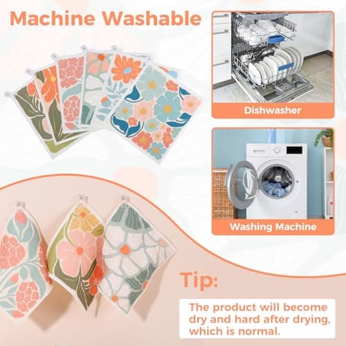 Needbrock 6 Pack Swedish Dishcloths for Kitchen,Abstract Floral Dish Towels with Clips, Reusable Paper Towels Washable Absorbent Cellulose Sponge Cloths No Odor for Cleaning Home Kitchen - Thumbnail 3