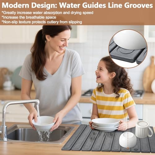 Stone Drying Mat for Kitchen Counter, Fast Dry Dish Drying Mats,Quick Dry Absorbent Collapsible Diatomaceous Earth Bath Mats, Large Stone Bath Mat for Kitchen Dishes Bottles Cups Bathroom - Thumbnail 4