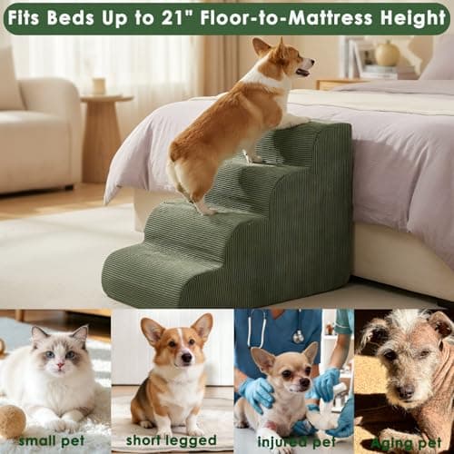 Olaivy Dog Stairs for Bed 17.7" H, 4-Step Dog Ramp for Aged and Injured Dogs, Up to 50 Lbs Foam Pet Stairs for Small Dogs and Cats to Get on Couch or Chair, Non-Slip, Steady, Washable Cover, Green - Thumbnail 2