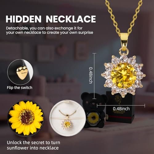 mountova Gifts for Women Birthday Mothers Day, Lucky Sunflower Bear with Necklace & Gift Box for Mom Daughter Sister, Anniversary Wedding Gift for Wife Girlfriend, Surprise Jewelry Box, Black - Thumbnail 4