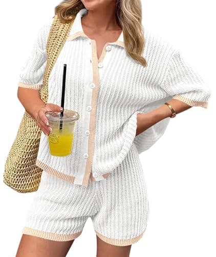 Cicy Bell Womens 2 Piece Short Sets Summer Short Sleeve Collared Tops Beach Vacation Cover Up Crochet Knit Lounge Outfits - Image 1