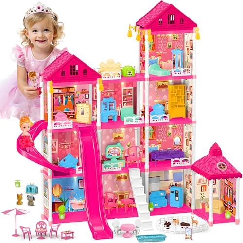 keefun Doll House for 3 4 5 6 7 8+ Year Old Girl Birthday Gifts, Large Princess Castle Dream dollhouse for Toddlers 3-5 with Lights, Pink Educational STEM Building Toys for Kids Ages 4-8 4-6 Play Game - Image 1