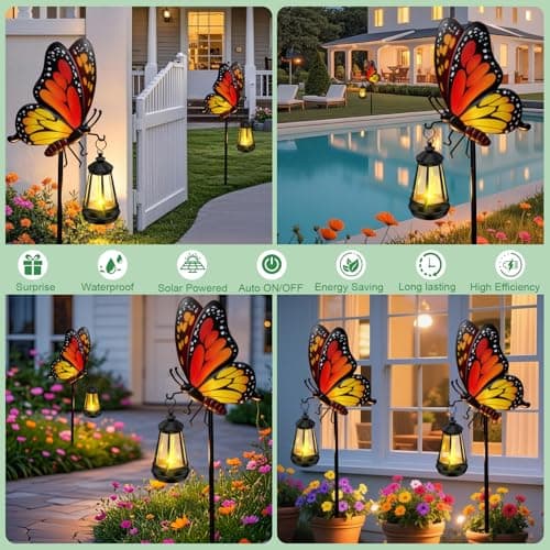 Solar Lights Outdoor Waterproof Butterfly Garden Decor,32.28in Garden Butterfly Stakes with Solar Lights,Birthday Gifts for Women Mom,Metal Decorative Lights for Yard Art Outside Patio Porch Lawn - Thumbnail 4
