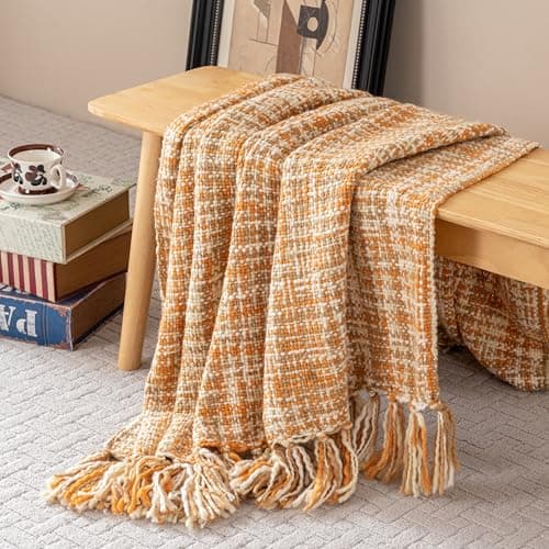 Feabuccy Soft Neon Color Knit Throw Blanket with Tassels, Cozy Boho Home Decro Throw for Sofa Couch Chair Bed, 50X60 Inch, Machine Washable, Orange Color Scheme - Thumbnail 5