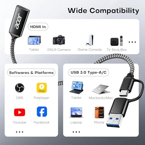acer Video Capture Card, HDMI to USB 3.0 Capture Card for Streaming, 1080P 60FPS HDMI Capture Card with Type-C/A, Compatible for Switch2, PS5/4, Quest3, Camera, OBS, Xbox - Thumbnail 6