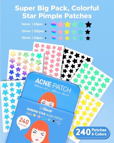 LitBear Acne Patch Pimple Patch, 6 Colors 240 Dots Star Pimple Patches with Tea Tree Oil & Centella Oil, Hydrocolloid Acne Pimple Patches for Face Cute Zit Patches Pimple Stickers Acne Dots - Thumbnail 2