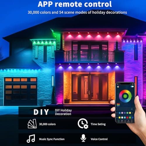 DSXsm Permanent Outdoor Lights,50FT RGB+IC Smart Eaves Lights with 25 LED 16 Million Accurate Color Options Including,IP68 Daily Outdoor Decor Strings for Halloween,Christmas. - Thumbnail 2