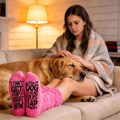 yuboo Dog Mom Gifts for Women - Birthday Gifts for Wife Girlfriend - Funny Novelty Dog Mom Socks - I Can't Get Up Right Now The Dog Is On My Lap - Warm Fuzzy Socks for Dog Lovers, Hot Pink - Thumbnail 2