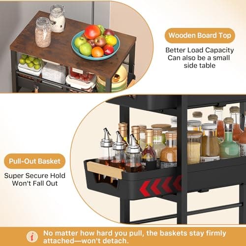 SUNALLY Slim Storage Cart with Pull-Out Baskets, 5-Tier Rolling Kitchen Cart with Wooden Top & Lockable Wheels, Narrow Space Utility Cart Organizer for Kitchen, Bathroom, Laundry Room, Black - Thumbnail 2