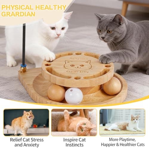 Autyomo Interactive Cat Toy for Indoor Cats - Cat Wand & Track Ball, 15 Replacement Heads, 2 Wooden Balls & 1 Bell Ball, Anti-Slip Base, Easy Assembly Cat Teaser for Kittens & Adult Cats - Thumbnail 4