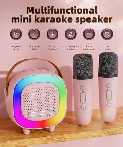 Mini Karaoke Machine Speaker for Kids Adults, Portable Bluetooth with 2 Wireless Microphones, Christmas Birthday Gift Ideas for Toys for Teens Boys and Girls Aged 4, 5, 6, 7, 8, 9, 10, 11, 12+ - Thumbnail 2