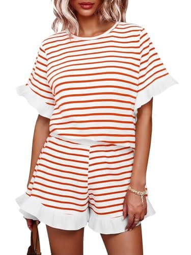 Tankaneo Womens 2 Piece Striped Shorts Set Ruffle Short Sleeve Tops Hight Waist Shorts Matching Sets Summer Vacation Outfits - Image 1