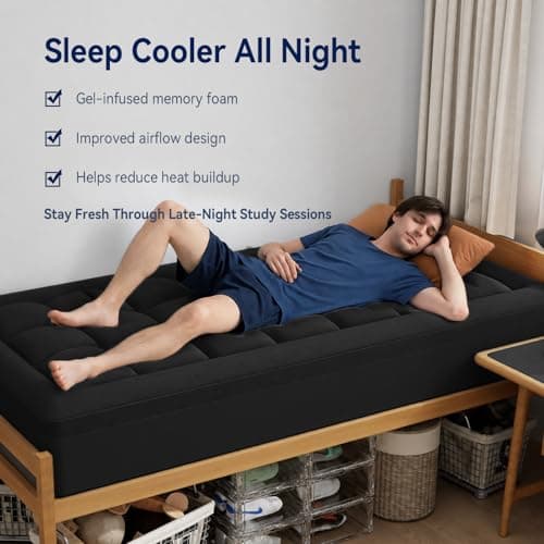 ELEMUSE Twin XL Dorm Dual Layer 3 Inch Memory Foam Mattress Topper for College, Dorm Room Essentials, 2 Inch Cooling Gel Foam and 1 Inch Soft Pillow Top Bed Pad,Back to School,Black - Thumbnail 4
