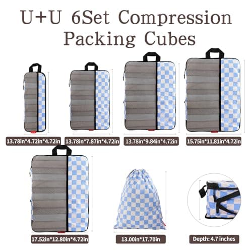U+U 6 Set Compression Packing Cubes - Ultralight Travel Organizers with Laundry Bag, Space-Saving Suitcase Organizer for Travel, Business Trip and Family Vacation (Blue Checkered) - Thumbnail 5