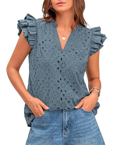 BTFBM Summer Eyelet Tops for Women 2026 Dressy Casual Spring V Neck Ruffle Cap Sleeve Embroidered Blouses Resort Wear(Grey Blue, Medium) - Image 1