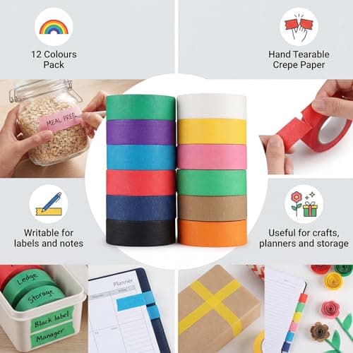 Fyguard 12 Rolls Colored Masking Tape I Inch × 240Yard Total Colored Painters Tape Rolls, Writable Removable Colorful Craft Tape for Kids Labeling Arts Crafts Classroom Decor, 23mm×20m×12Rolls - Thumbnail 5