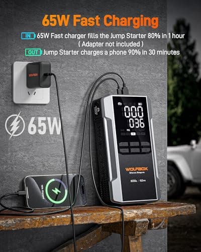 WOLFBOX 3000A Jump Starter with Air Compressor, 59.2Wh&160PSI Portable Car Battery Jump Starter with 65W Fast Charging, 12V Battery Pack (8L Gas 6L Diesel Engine) with Boost, Light and Jumper Cables - Thumbnail 5