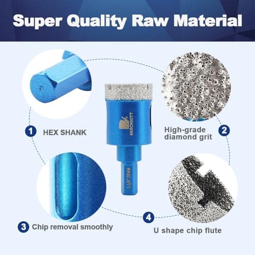 Dry Diamond Core Drill Bit Set,BRSCHNITT 2pcs 1-3/8 inch Diamond Hole Saw Core Drill Bit with Hex Shank for Porcelain Tile Ceramic Stone Granite Marble - Thumbnail 4