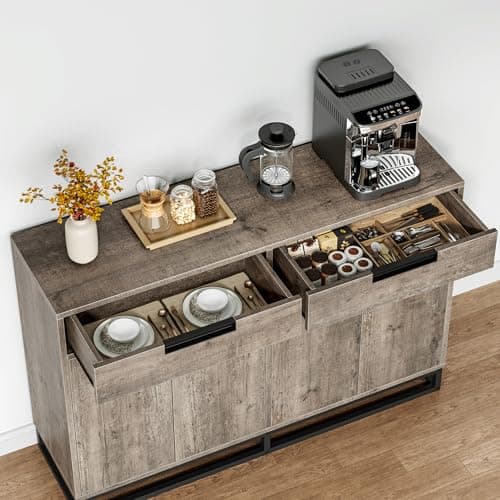 GarveeHome Sideboard Buffet Cabinet, 55-Inch Large Modern Kitchen Accent Storage Cabinet with 2 Drawers and 4 Doors, Coffee Bar Buffet Table for Kitchen and Dining Room, Grey - Thumbnail 4