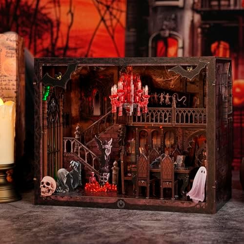 Joibabe Haunted Manor DIY Miniature House Kit with LED Lights - Gothic Book Nook Decor, 3D Wooden Puzzle for Adults, Halloween Home Decoration (AAA Batteries Not Included) - Thumbnail 5