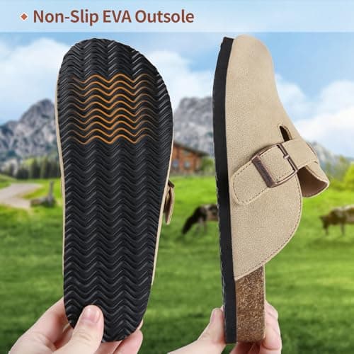 Khaki Clogs for Women Men Suede Clogs Adjustable Buckle Mules Classic Antislip Home Slippers Cork Footbed Clog Unisex - Thumbnail 2