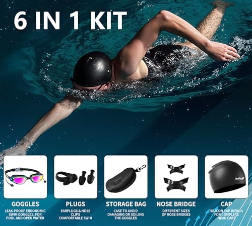 LEEIGGT Swim Goggles+Swim Cap, No Leak Anti-Fog & UV，Swimming Goggles Full Protection Adult Men Women Youth（6 in 1） - Thumbnail 4