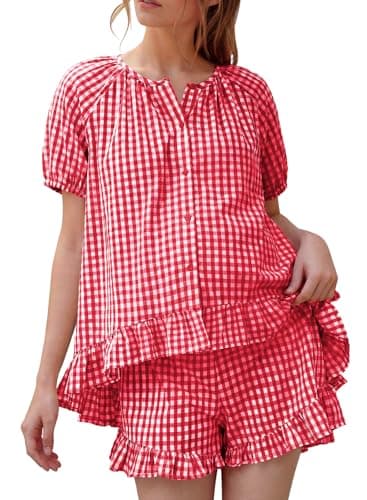 BLENCOT Maternity Pajamas Sets for Women Summer Short Sleeve Button Down Gingham Top and Shorts 2 Piece Postpartum Outfits Red Large - Image 1