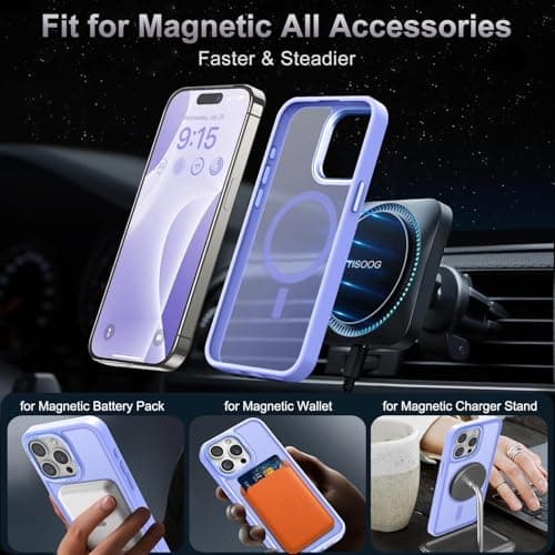 TISOOG Upgraded Magnetic for iPhone 15 Pro Case [Compatible with Magsafe] [Mil-Grade Protection], Slim & Tough, Pocket-Friendly, Translucent Phone Case Cover for iPhone 15 Pro 6.1", Light Purple - Thumbnail 2
