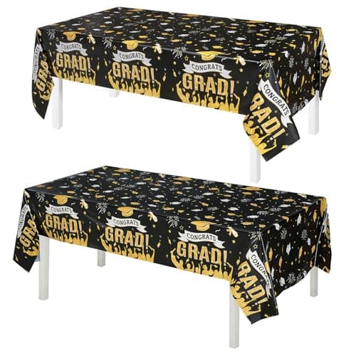 Accevo Graduation Decorations 2026, 108" X 54" Graduation Tablecloth, BlackGold Rectangle Class of 2026 Table Cloths, Disposable Plastic Congrats Grad Tablecover for Grad Party Supplies, 2 Pack