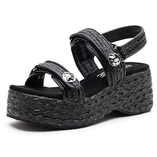 Vepose Women's Black Woven Raffia Platform Wedge Sandals - 3 Inch Chunky Espadrille Heels, Strappy Slingback Open Square Toe Shoes for Casual Dressy Vacation & Wedding Size 8.5 (CJY8803 black 08.5) - Image 1