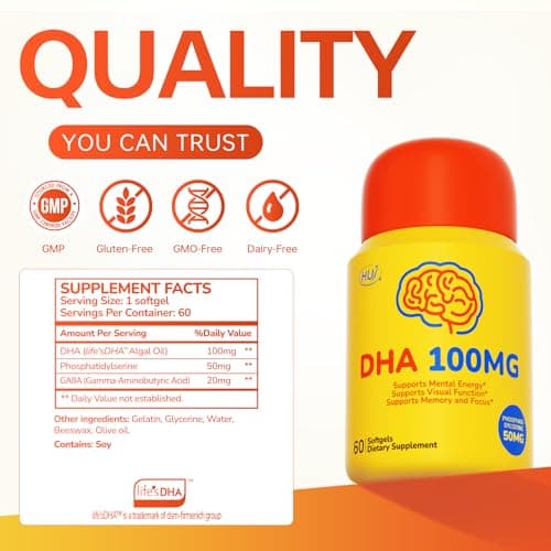 HUJ DHA 100mg - Kids DHA Supplemnent - Algal Oil - Contain DHA, Phosphatidyserine & GABA - Supports Mental Energy，Visual Function，Memory and Focus* - 60 Softgels - Thumbnail 6