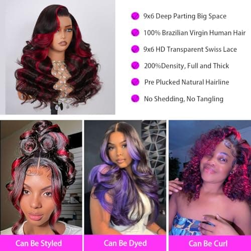 Red Burgundy Highlight Wigs Human Hair Ombre Skunk Strip Body Wave Red And Black 9x6 Glueless Lace Closure Colored Wig Human Hair 9x6 HD Lace Frontal Wigs 200 Density Pre Plucked For Women 28 Inch - Thumbnail 4