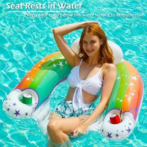 Jasonwell Inflatable Pool Float Chair - Pool Floaties Chair Floats Loungers for Swimming Pools Floating Lounger with Cup Holders Toy Party Floaties for Adults XL - Thumbnail 3