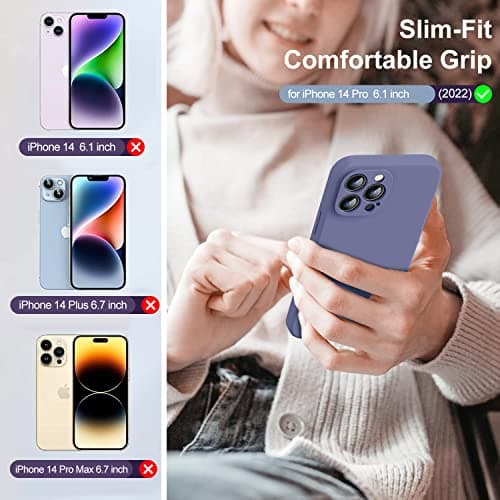 TISOOG Compatible with iPhone 14 Pro Case for Women,with 2 Pcs 9H Tempered Glass Screen Protector,[Camera Protection][Microfiber Lining] Slim Shockproof Silicone Case iPhone 14 Pro,Lavender Grey - Thumbnail 2