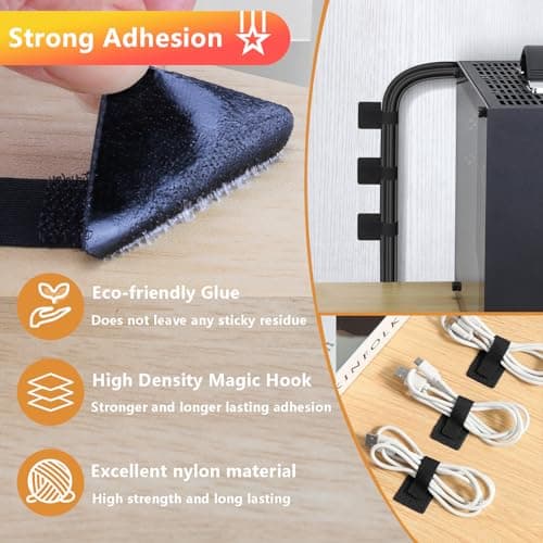 48Pcs Upgraded Under Desk Cable Management Ties - Self Adhesive Sticky Back Hook and Loop Straps, Cable Wire Organizers for Home Office - Thumbnail 4