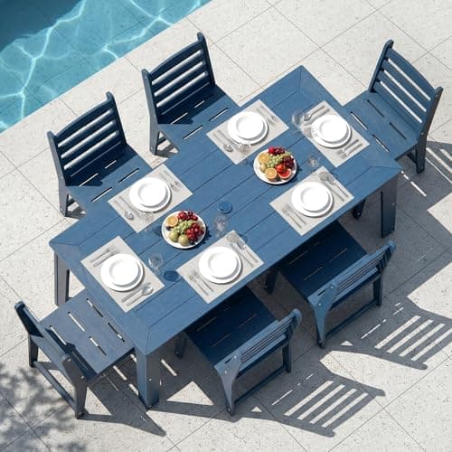 ACUEL HDPE Patio Dining Set for 6, Weather-Resistant Outdoor Table with Umbrella Hole, Never Sagging One-Piece Tabletop with Metal Support Bars for Poolside Backyard Garden (Blue)