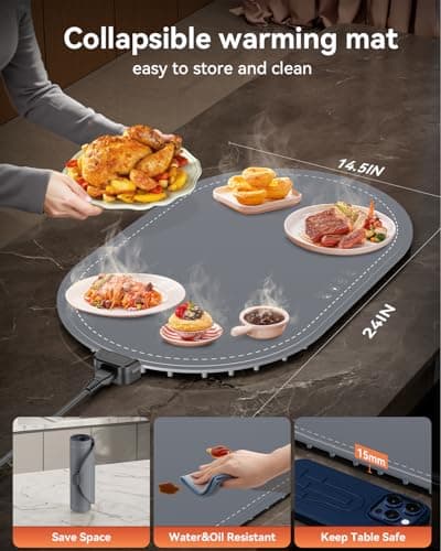Warming Mat for Food with Heat-Resistant Pad(24"x15"),Food Warming Mats for Countertop,Roll Up Silicone Warmer Mat for Party Buffet,Christmas House Warming Gift for Home Hosting Daily Use(Gray) - Thumbnail 4