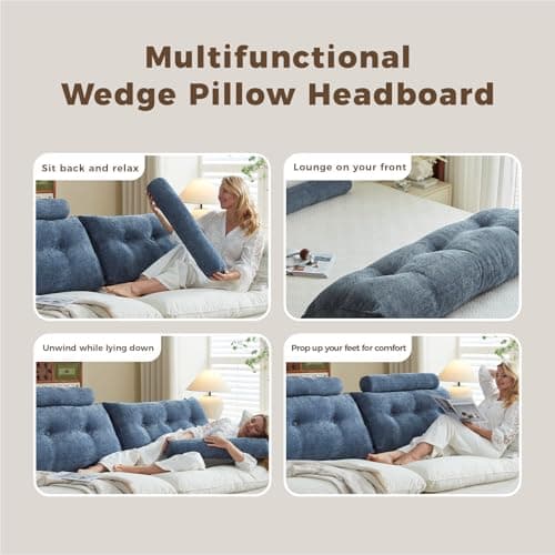 ZERALIVEN Headboard Pillow for Twin XL – Chenille Large Triangular Wedge Pillow for Headboard Gap, Daybed and Couch Backrest, Reading and Sitting Up in Bed with Removable Washable Cover, Blue - Thumbnail 4
