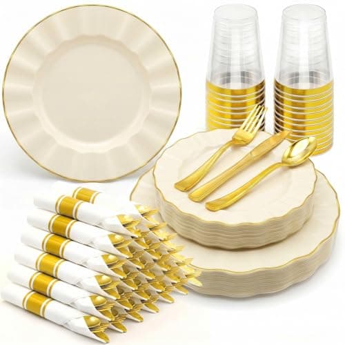Glowserve 175 PCS Heavy Duty Disposable Plastic Dinnerware Set Ivory White