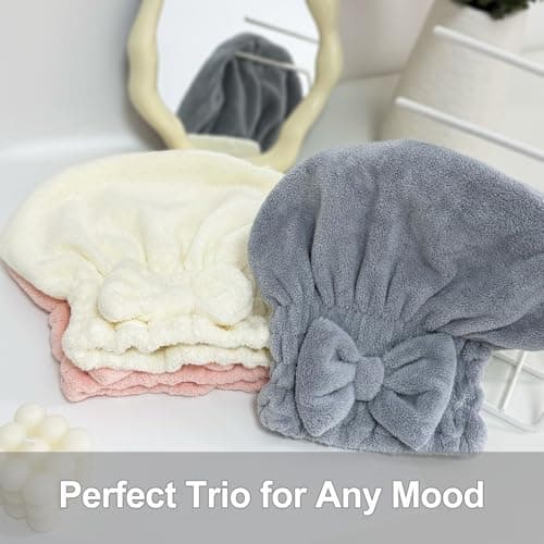 Jseng 3Packs Microfiber Hair Towel for Women - Quick-Drying, Super Absorbent Hair Wrap with Bow Design, Soft Hair Towel Turban for Curly Long Wet Hair - Thumbnail 6