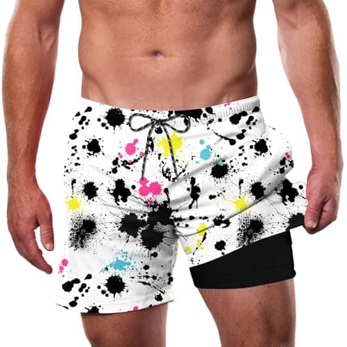 Cozople Mens Swim Trunks with Compression Lined 5.5" Swim Shorts Quick Dry Swimwear Hawaii Colorful Graffiti 2 in 1 Boardshorts with Boxer Brief Liner Beach Play Sandcastle Building Wave Wading - Image 1