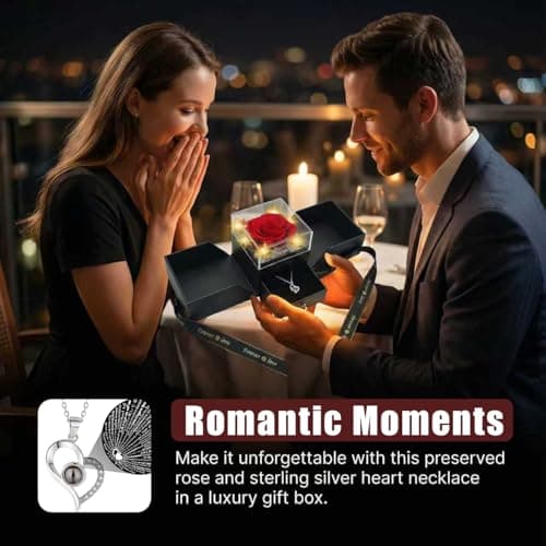 Preserved Red Real Rose, S925 Necklace with Heart I Love You in 100 Languages, Eternal Flowers Rose Birthday Gifts for Women Her Mom Wife Girlfriend on Valentine's Day, Birthday, Mother's Day (Red) - Thumbnail 5