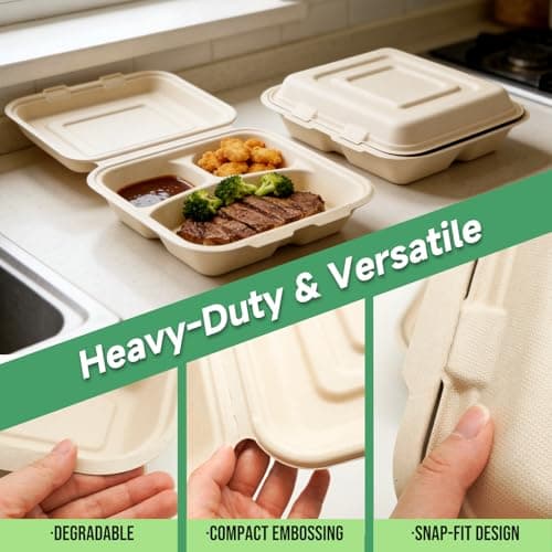 Clamshell Take Out Food Containers - 9x8 Inch Takeout Lunch Box Containers To Go Take Out Clamshell for Food, leftover containers with lids,Disposable Eco-Friendly Biodegradable, PFAS-Free (75) - Thumbnail 6