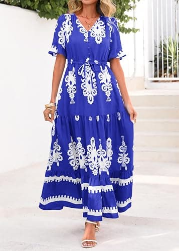 Lazysmile Summer Dresses for Women Short Sleeve V Neck Floral Drawstring Flowy A Line Boho Maxi Dress with Pockets Blue - Thumbnail 6